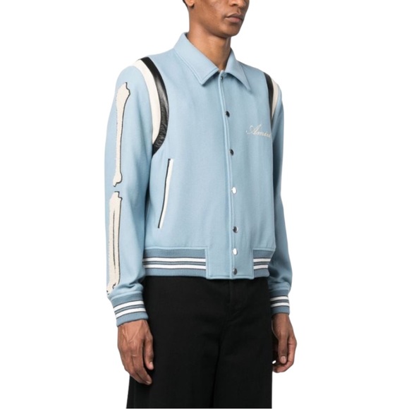 🧥 🆕 AMIRI Bones Wool Blend Varsity Jacket in color slate blue size XX-Large - Picture 4 of 8
